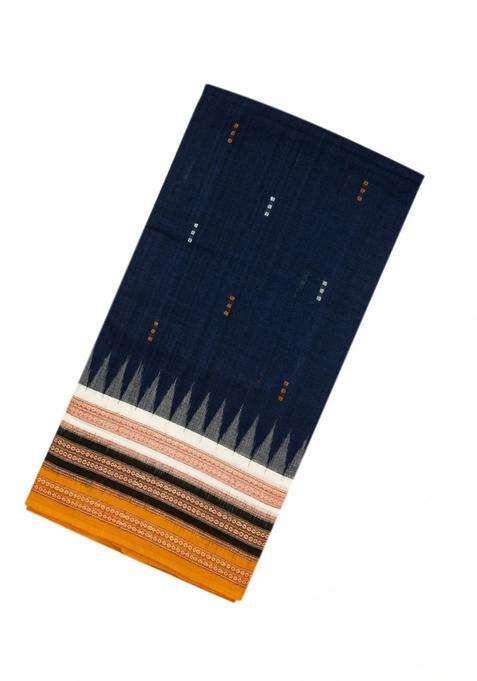 Dark Blue Handloom Orissa Cotton Saree With Mustard Tie Dye Pallu With Printed Design For Women