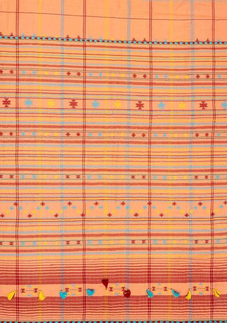 Peach Handloom Bhujodi Cotton Saree With Multi Colour Checks With Checks And Stripes Design For Women - Indya
