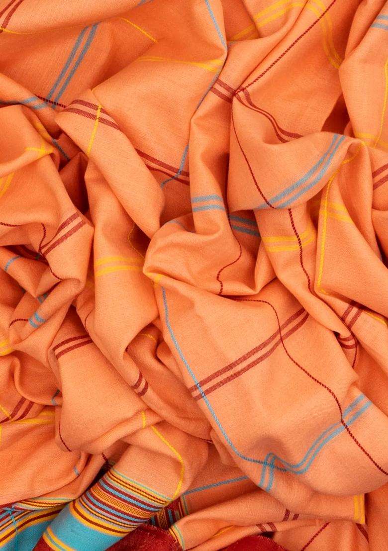 Peach Handloom Bhujodi Cotton Saree With Multi Colour Checks With Checks And Stripes Design For Women - Indya