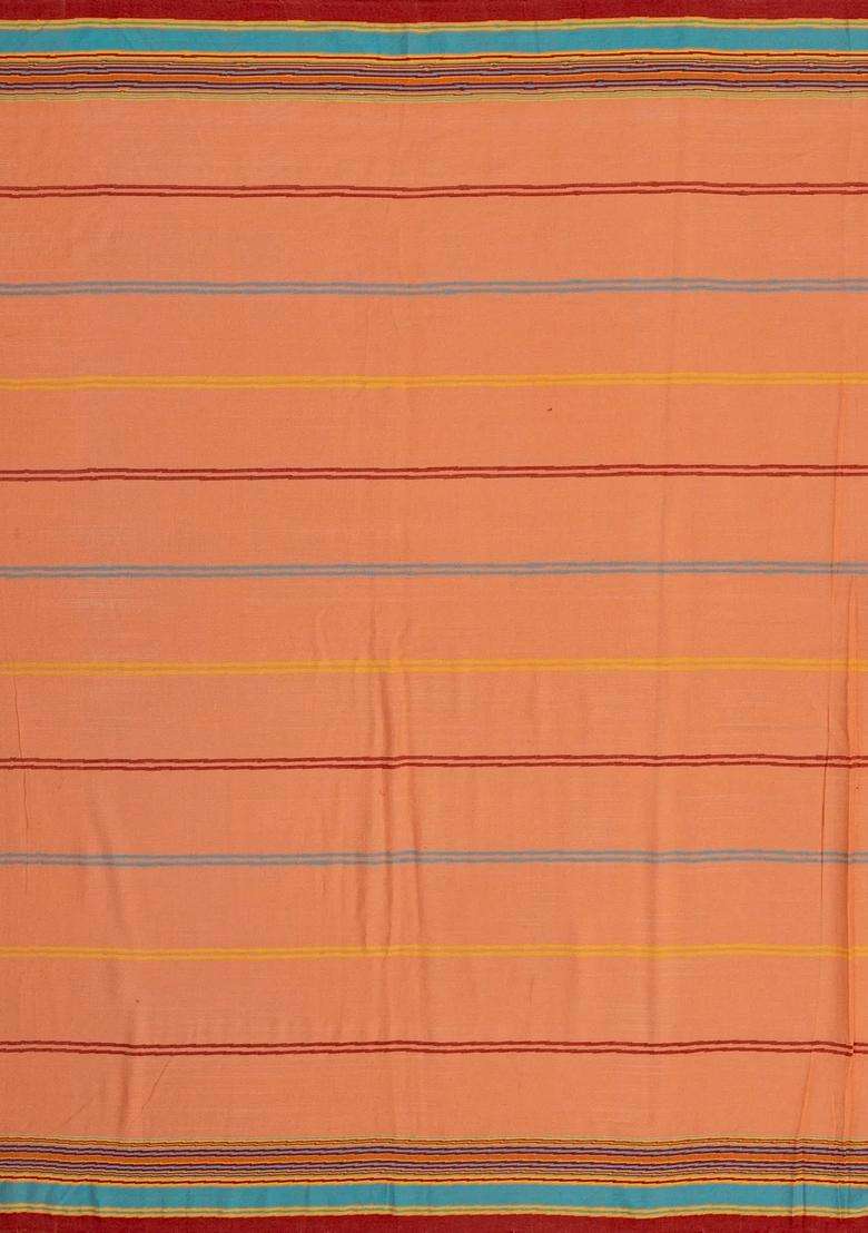 Peach Handloom Bhujodi Cotton Saree With Multi Colour Checks With Checks And Stripes Design For Women - Indya