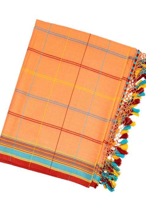 Peach Handloom Bhujodi Cotton Saree With Multi Colour Checks With Checks And Stripes Design For Women
