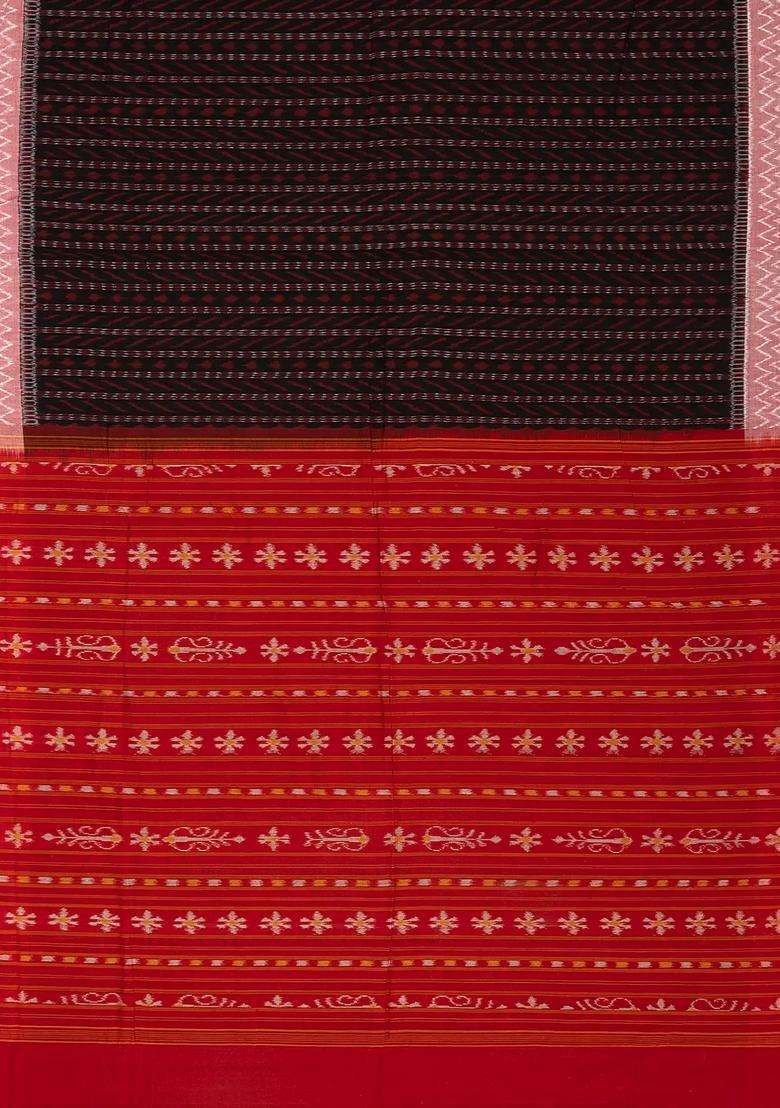 Maroon Handwoven Orissa Cotton Saree With Tie Dye Stripes With Printed Design For Women - Indya