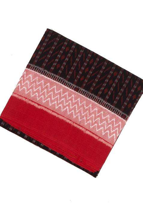 Maroon Handwoven Orissa Cotton Saree With Tie Dye Stripes With Printed Design For Women