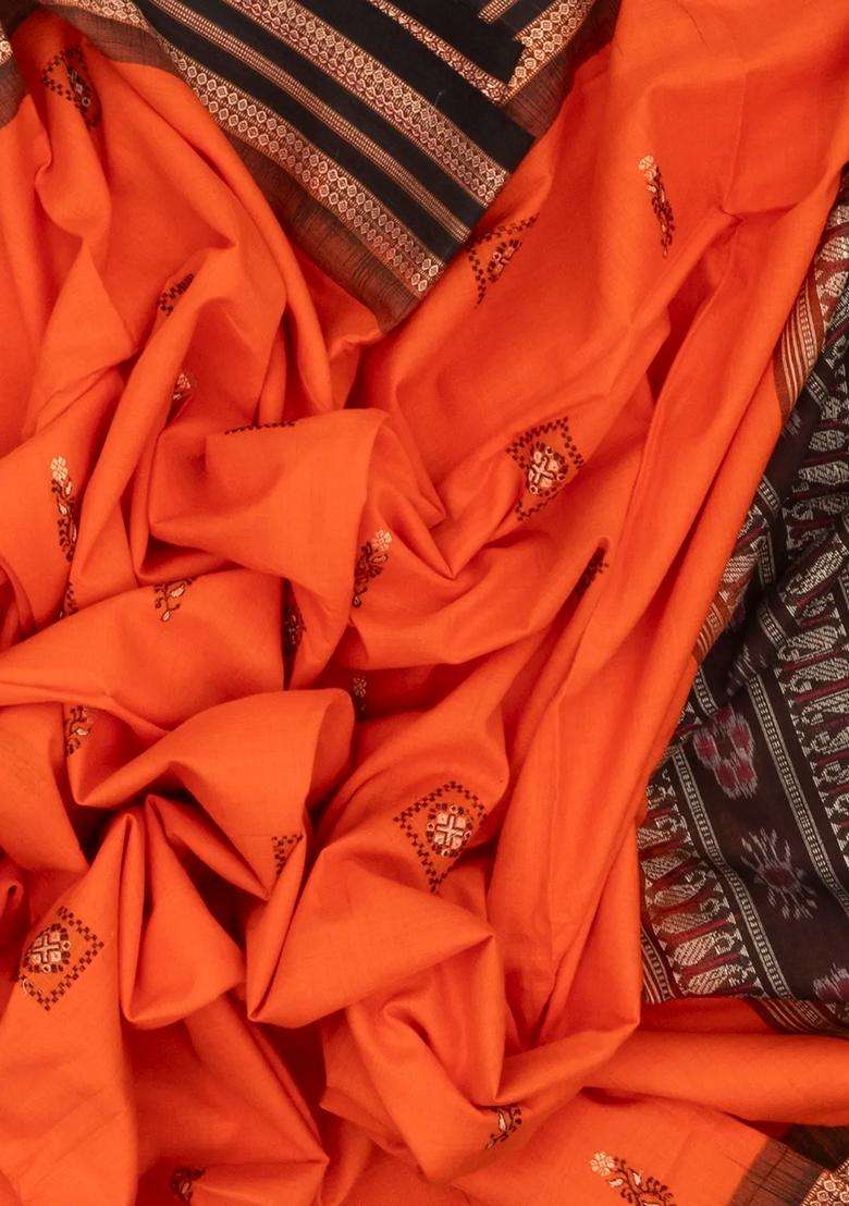Orange Handwoven Orissa Cotton Saree With Floral Motif Buttas With Buttas And Brocade Design For Women - Indya