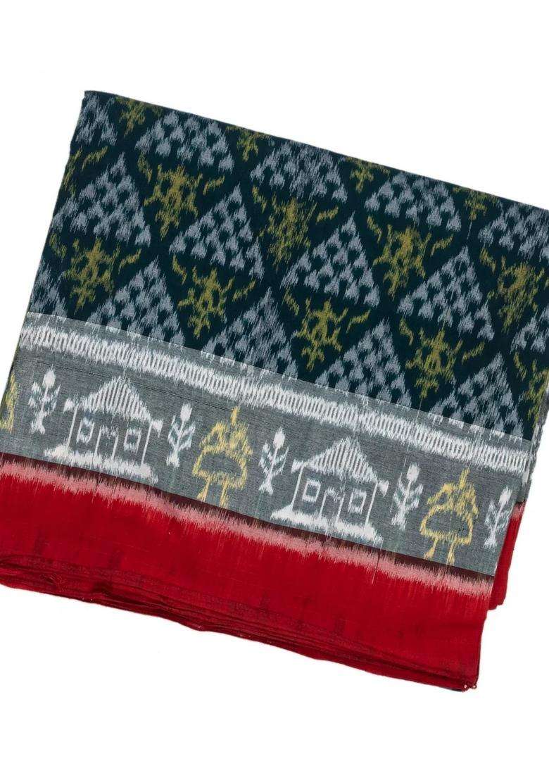 Sea Green Handwoven Orissa Cotton Saree With Tie Dye Triangle Motifs With Printed Design For Women - Indya