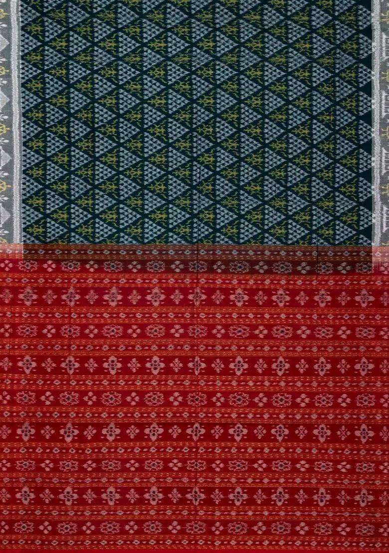 Sea Green Handwoven Orissa Cotton Saree With Tie Dye Triangle Motifs With Printed Design For Women - Indya