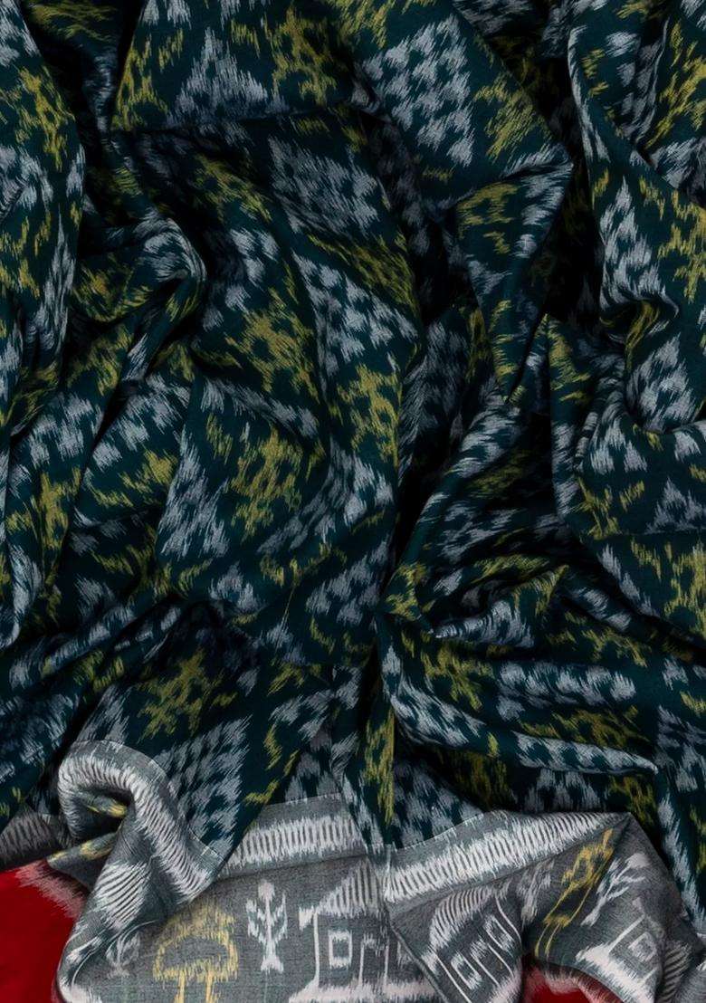 Sea Green Handwoven Orissa Cotton Saree With Tie Dye Triangle Motifs With Printed Design For Women - Indya