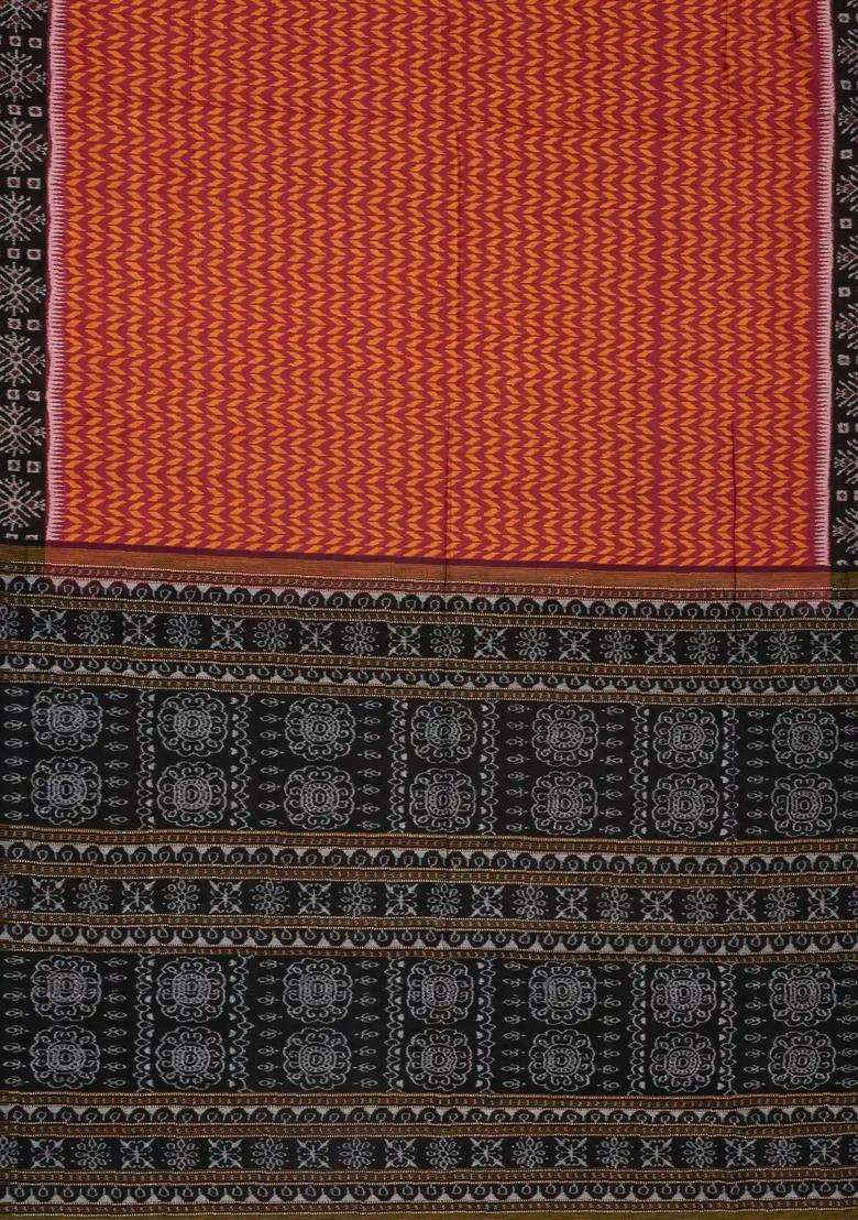 Dusty Pink Handloom Orissa Cotton Saree With Tie Dye Chevron Motifs With Printed Design For Women - Indya