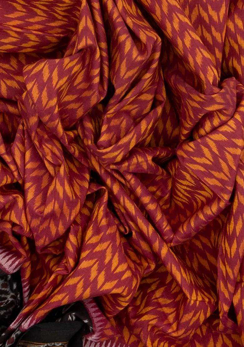 Dusty Pink Handloom Orissa Cotton Saree With Tie Dye Chevron Motifs With Printed Design For Women - Indya
