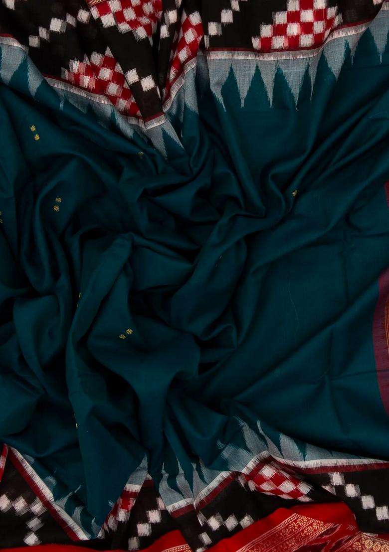 Navy Blue Handloom Orissa Cotton Saree With Tie Dye Pallu With Printed Design For Women - Indya