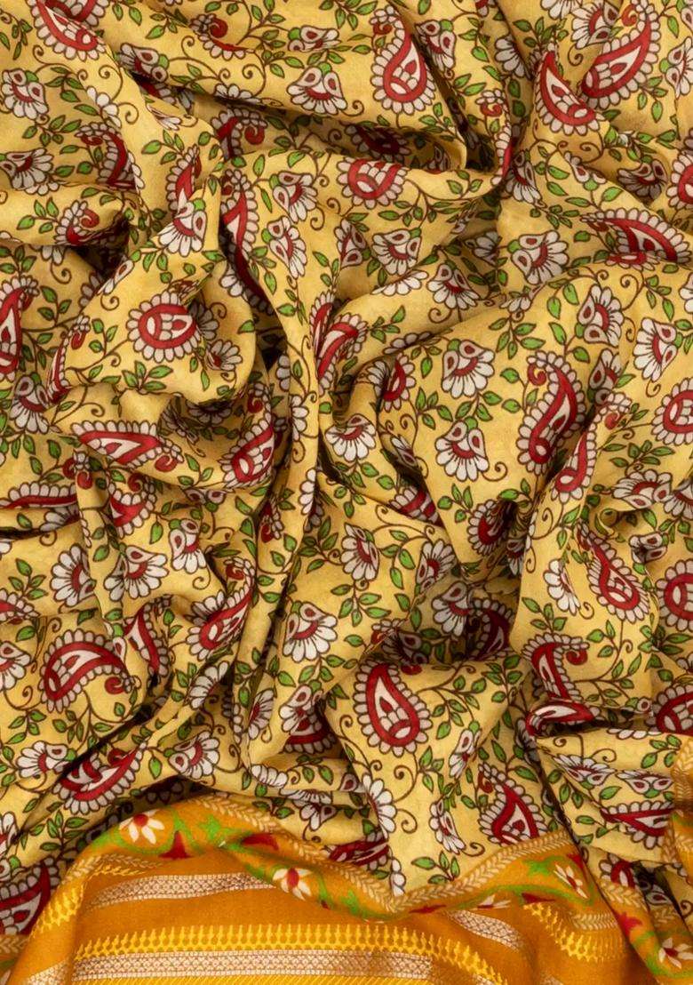 Yellow Handloom Chanderi Cotton Saree With Printed Mango Motifs For Women - Indya