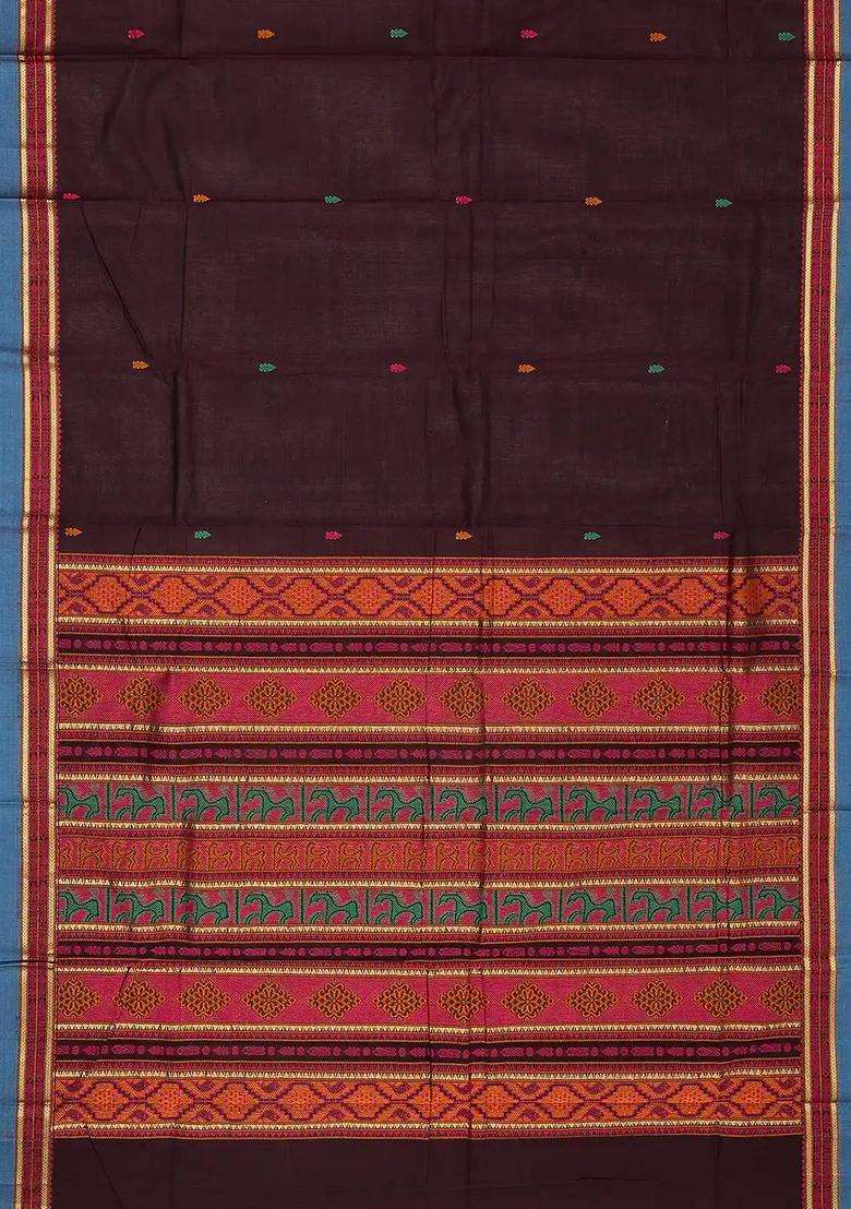 Maroon Handloom Kanchi Cotton Saree With Spearhead Buttas With Buttas And Brocade Design For Women - Indya