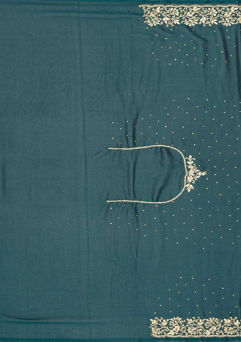Teal Woven Georgette Saree With Embroidered Border For Women - Indya