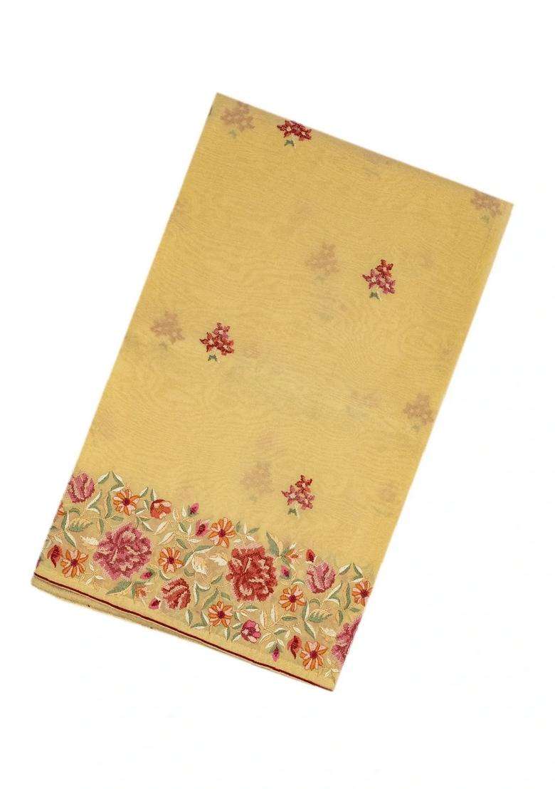 Sandal Woven Organza Saree With Embroidered Floral Motifs For Women - Indya