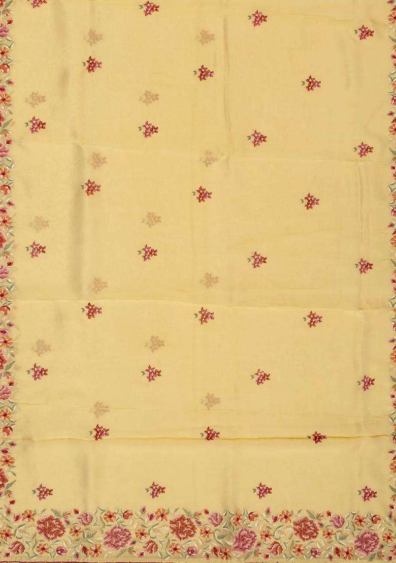 Sandal Woven Organza Saree With Embroidered Floral Motifs For Women - Indya