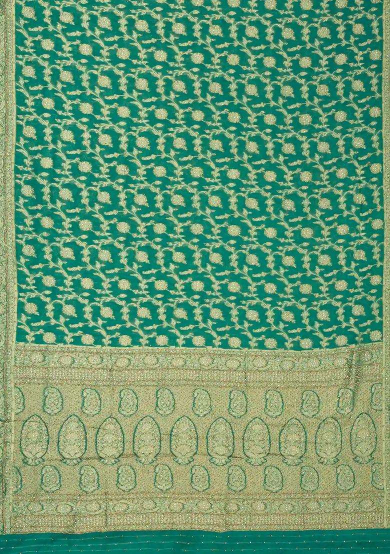 Sea Green Woven Georgette Saree With Embroidered Floral Motifs For Women - Indya