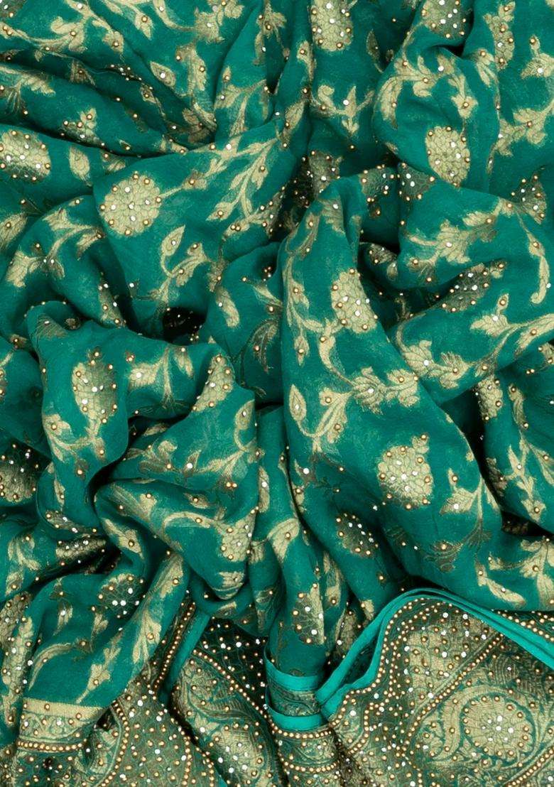 Sea Green Woven Georgette Saree With Embroidered Floral Motifs For Women - Indya
