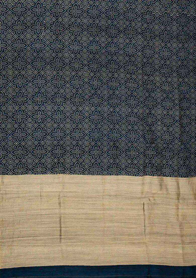 Black Woven Tussar Silk Saree With Printed Floral Motifs For Women - Indya