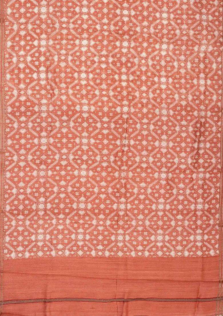 Peach Woven Tussar Silk Saree With Printed Floral Motifs For Women - Indya