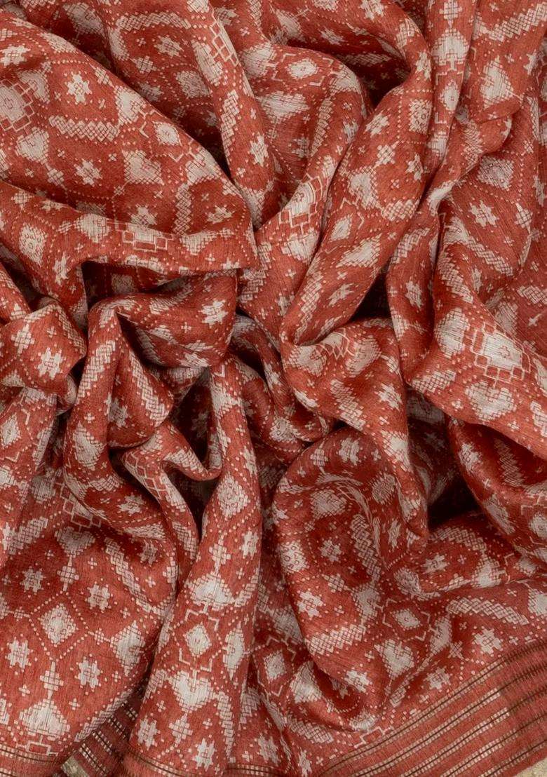 Peach Woven Tussar Silk Saree With Printed Floral Motifs For Women - Indya