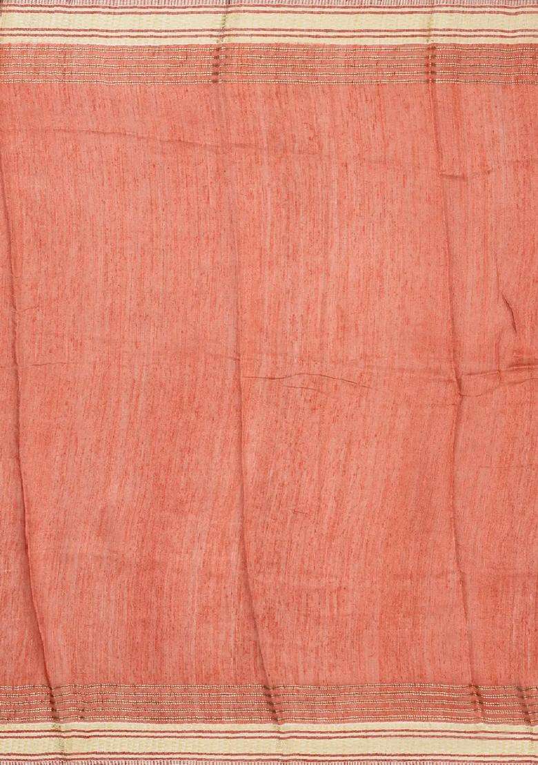 Peach Woven Tussar Silk Saree With Printed Floral Motifs For Women - Indya
