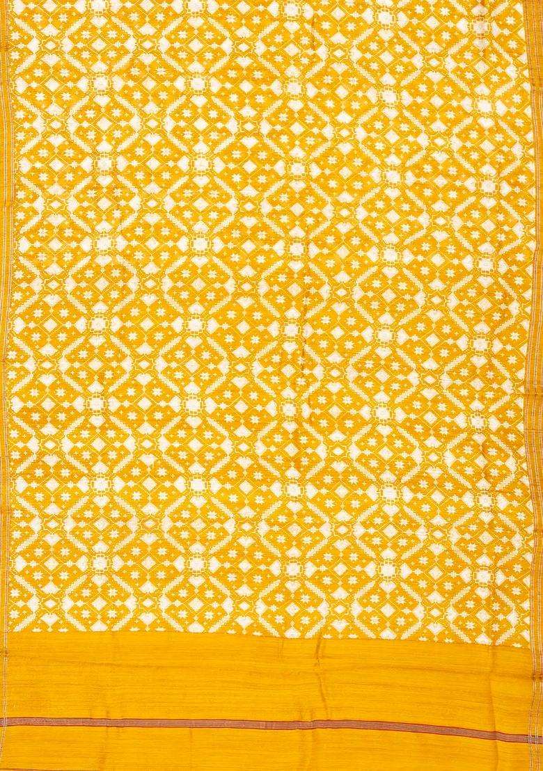 Mustard Woven Tussar Silk Saree With Printed Floral Motifs For Women - Indya