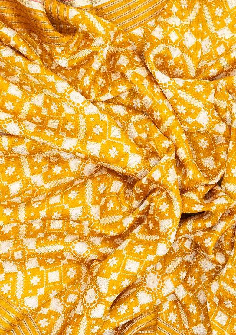 Mustard Woven Tussar Silk Saree With Printed Floral Motifs For Women - Indya