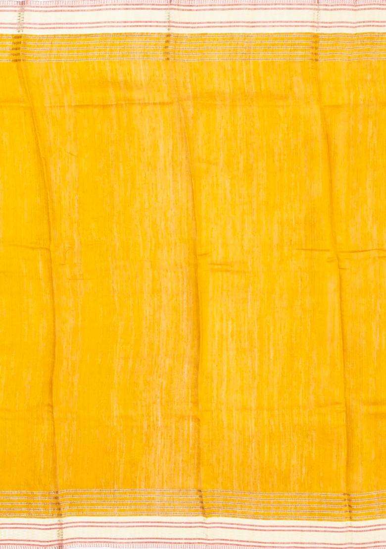 Mustard Woven Tussar Silk Saree With Printed Floral Motifs For Women - Indya