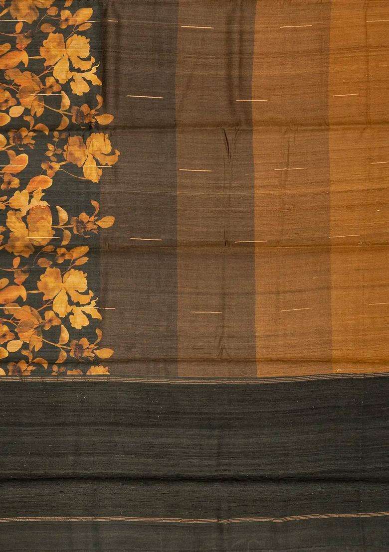 Grey Charcoal Handloom Tussar Silk Saree With Printed Floral Motifs For Women - Indya