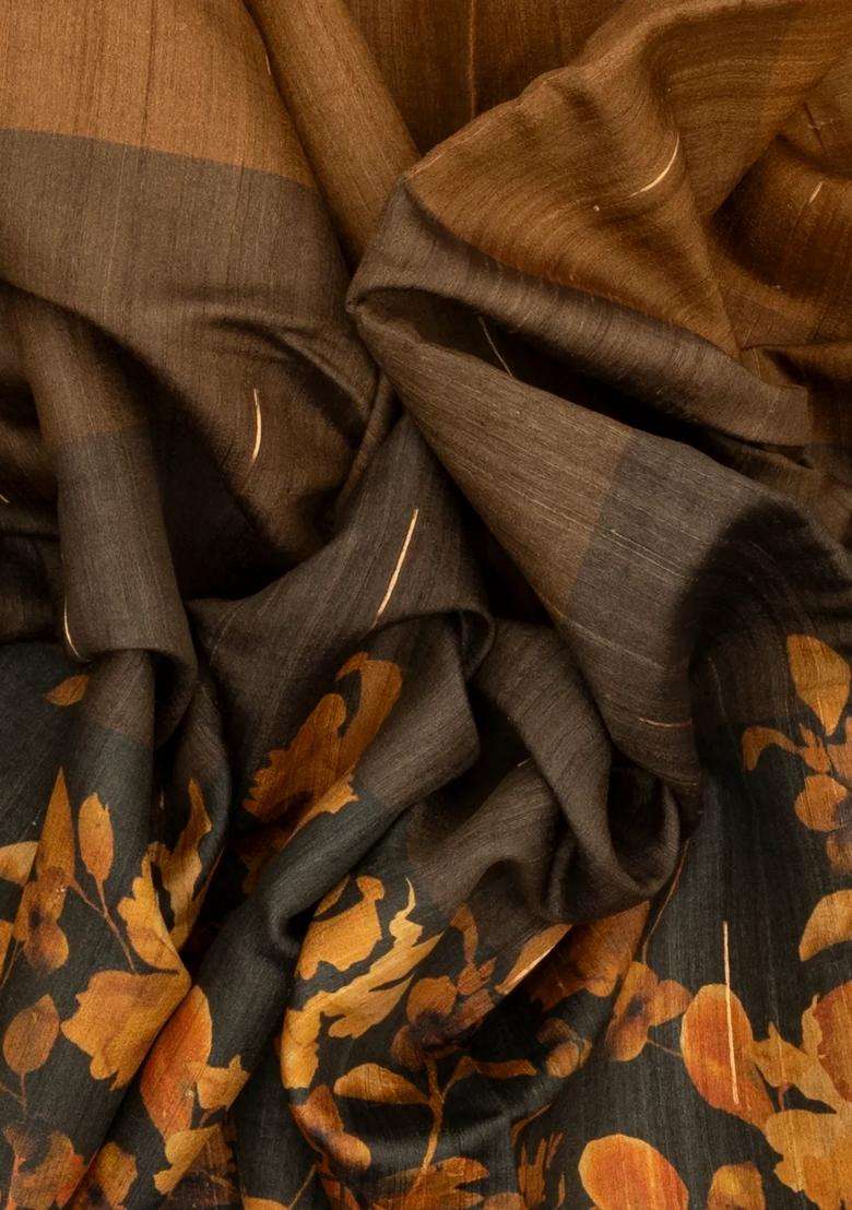 Grey Charcoal Handloom Tussar Silk Saree With Printed Floral Motifs For Women - Indya