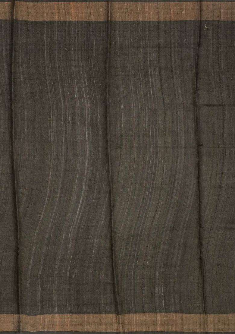 Grey Charcoal Handloom Tussar Silk Saree With Printed Floral Motifs For Women - Indya
