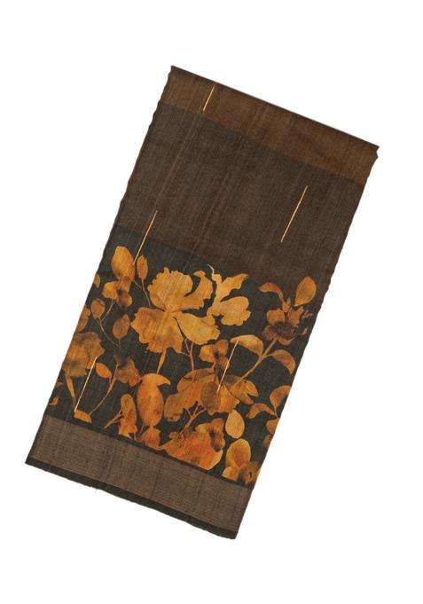 Grey Charcoal Handloom Tussar Silk Saree With Printed Floral Motifs For Women