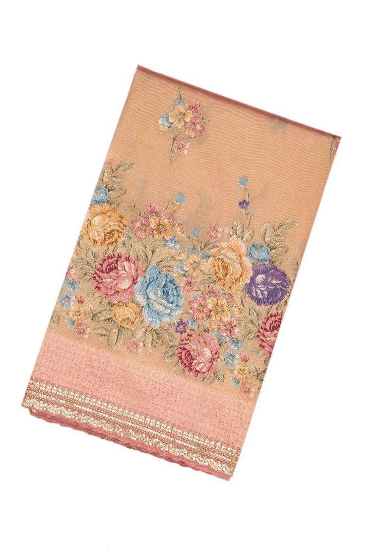 Peach Woven Organza Saree With Embroidered Printed Floral Motifs For Women - Indya