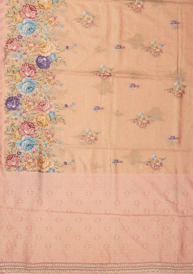 Peach Woven Organza Saree With Embroidered Printed Floral Motifs For Women - Indya