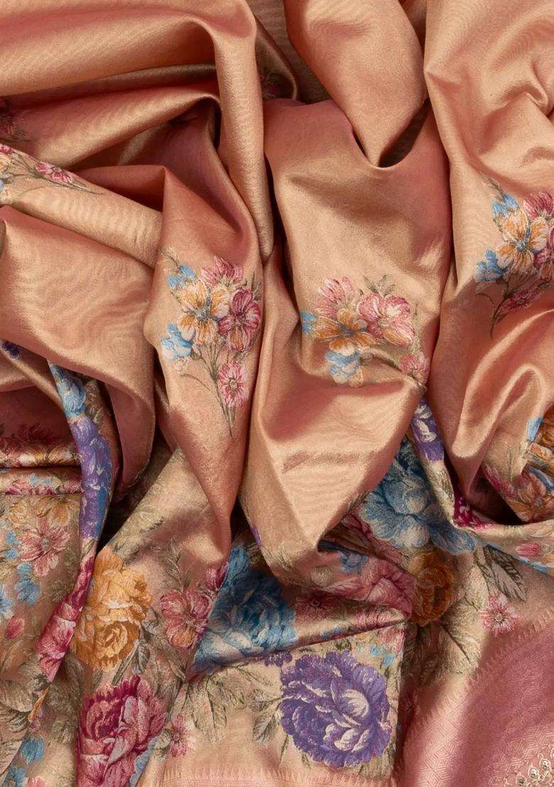 Peach Woven Organza Saree With Embroidered Printed Floral Motifs For Women - Indya