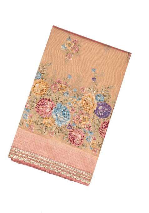 Peach Woven Organza Saree With Embroidered Printed Floral Motifs For Women
