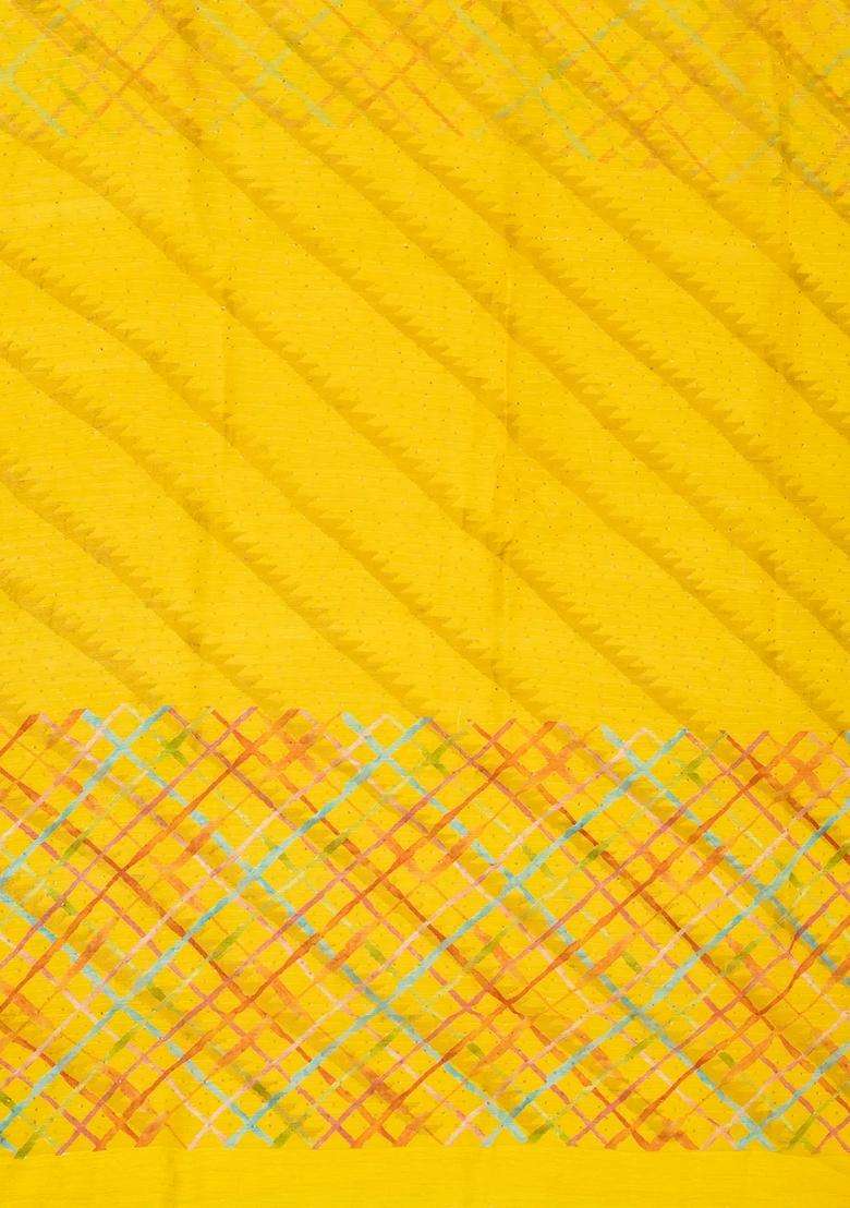 Yellow Woven Tussar Silk Saree With Printed Stripes For Women - Indya