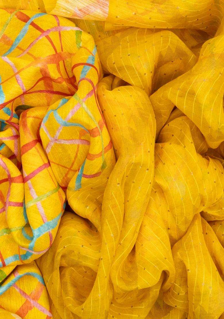 Yellow Woven Tussar Silk Saree With Printed Stripes For Women - Indya
