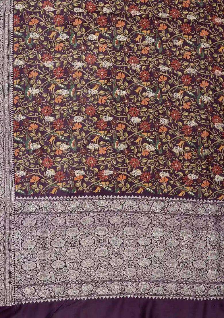 Purple Handloom Tussar Silk Saree With Bird Vine Motifs With Printed Design For Women - Indya