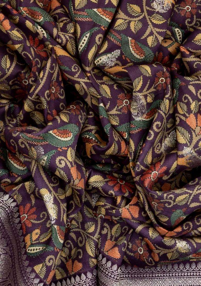 Purple Handloom Tussar Silk Saree With Bird Vine Motifs With Printed Design For Women - Indya