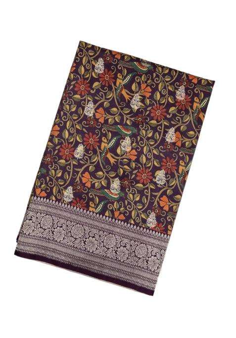 Purple Handloom Tussar Silk Saree With Bird Vine Motifs With Printed Design For Women