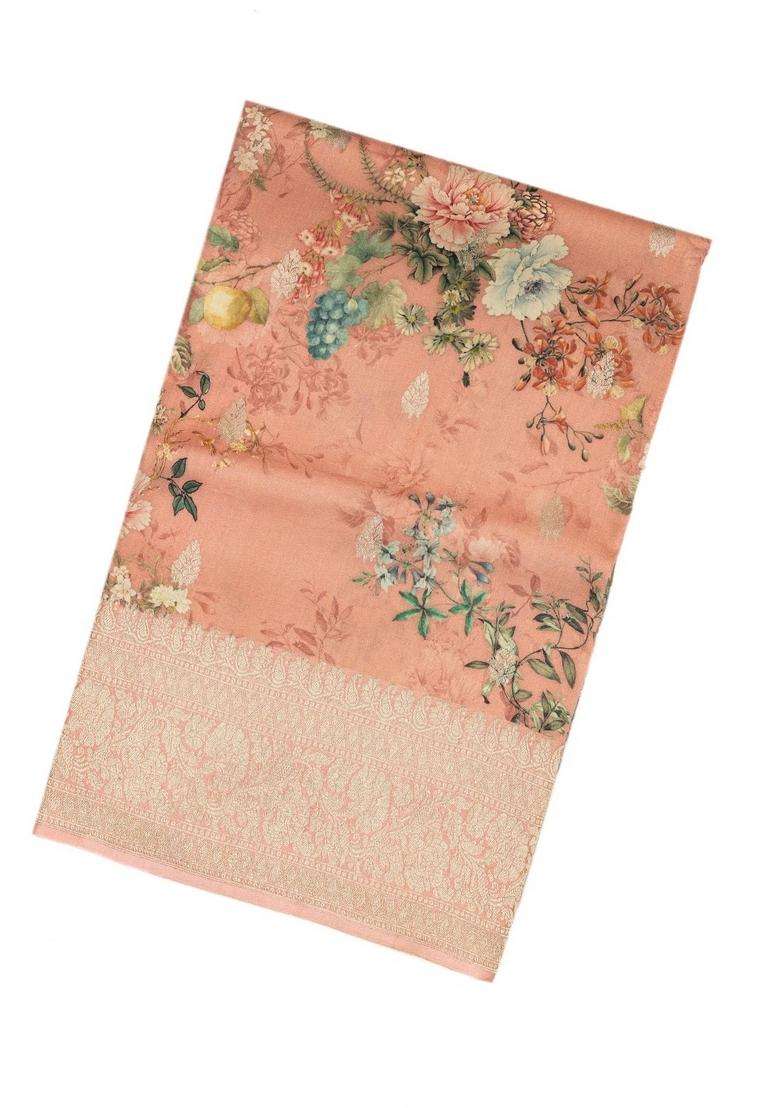 Peach Handloom Tussar Silk Saree With Printed Floral Motifs For Women - Indya