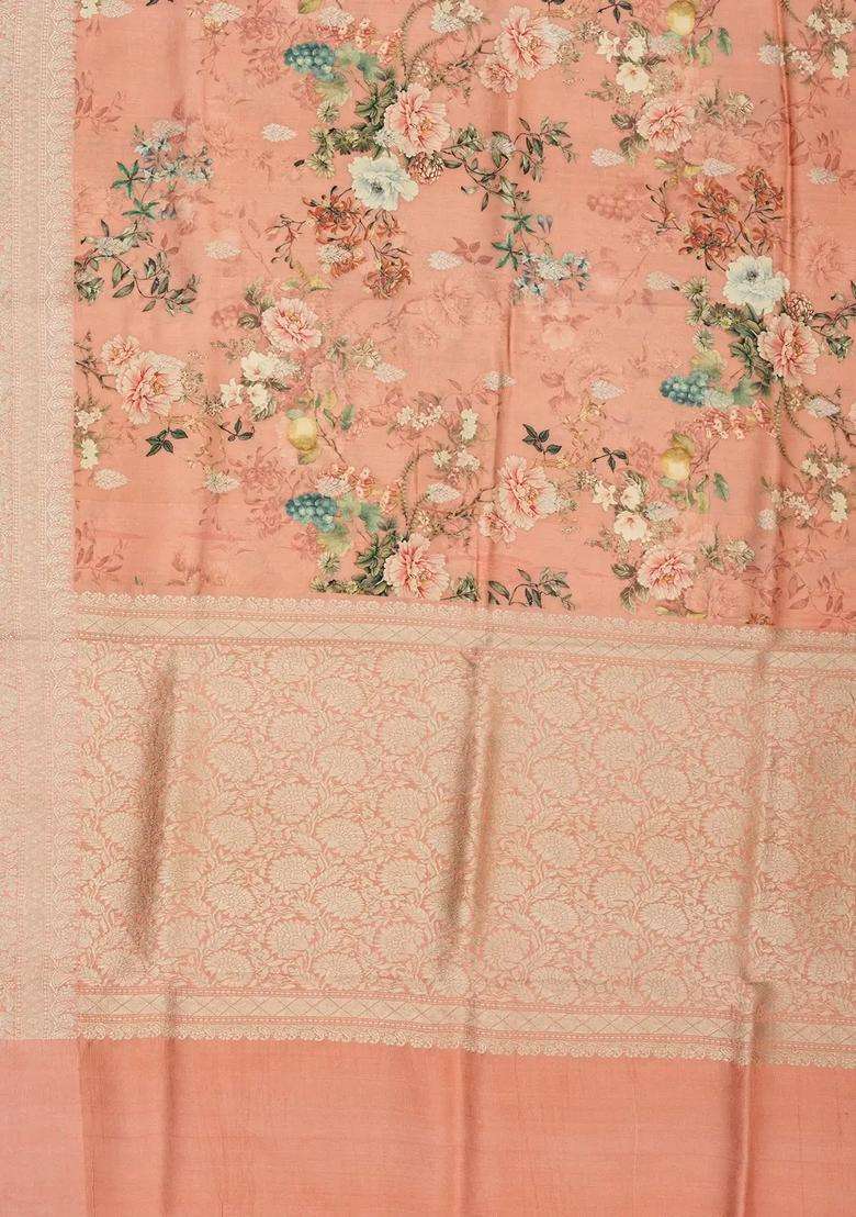 Peach Handloom Tussar Silk Saree With Printed Floral Motifs For Women - Indya