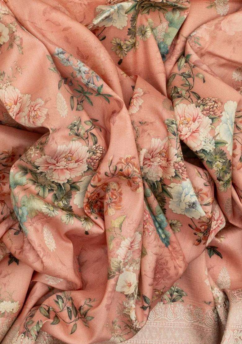 Peach Handloom Tussar Silk Saree With Printed Floral Motifs For Women - Indya