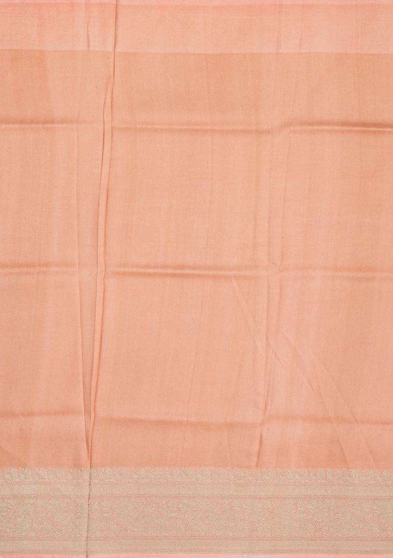 Peach Handloom Tussar Silk Saree With Printed Floral Motifs For Women - Indya