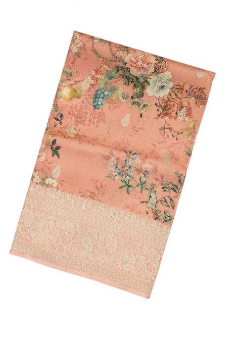 Peach Handloom Tussar Silk Saree With Printed Floral Motifs For Women