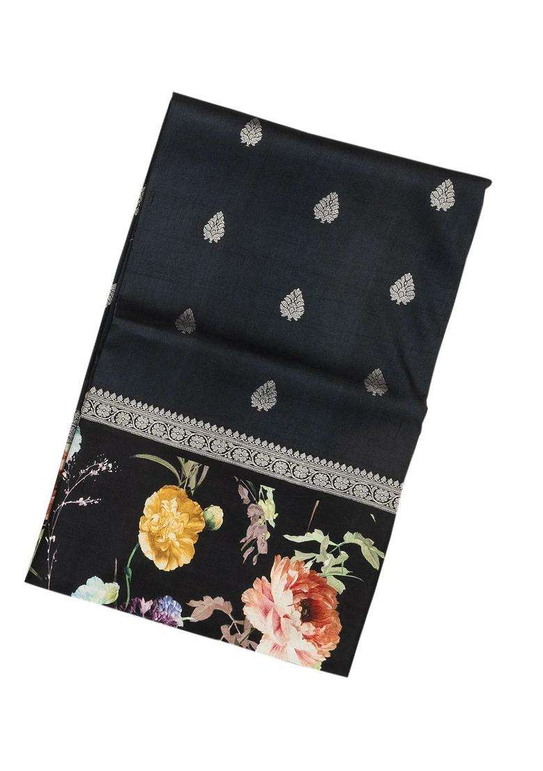 Black Handloom Tussar Silk Saree With Printed Floral Border For Women - Indya