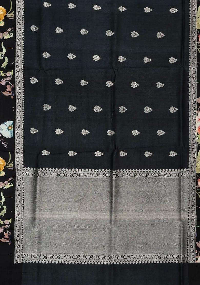 Black Handloom Tussar Silk Saree With Printed Floral Border For Women - Indya