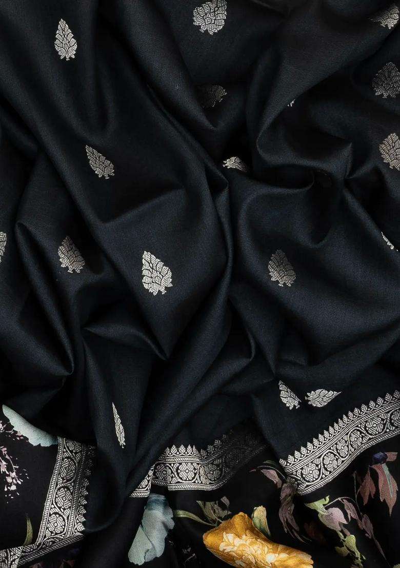 Black Handloom Tussar Silk Saree With Printed Floral Border For Women - Indya