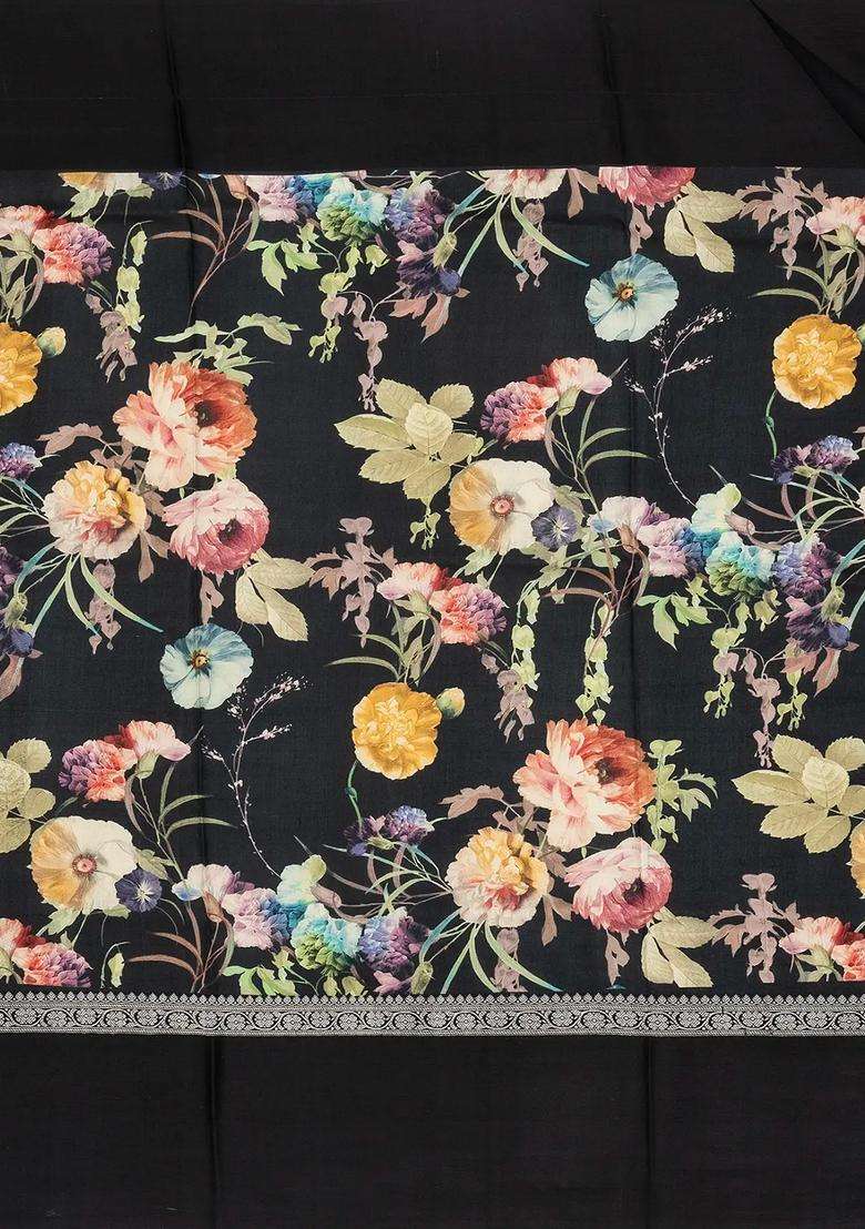 Black Handloom Tussar Silk Saree With Printed Floral Border For Women - Indya